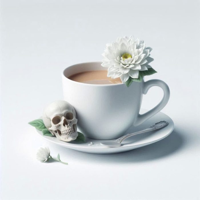 teacup with small skull on saucer